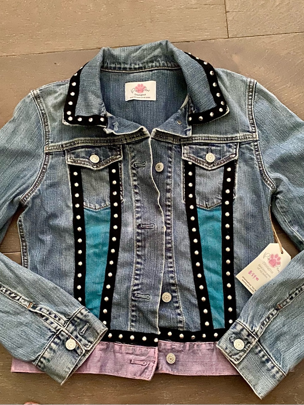 Medium Pink paw Studded Denim Jacket with Teal & Lavender Panels new